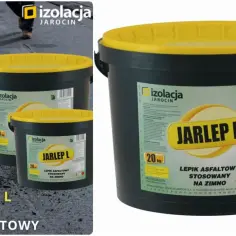 Czarny wiaderko z żółtą pokrywą, zawierające lepik asfaltowy JARLEP L. Produkt przeznaczony do stosowania na zimno.