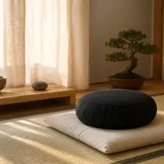 Spokojny pokój w stylu japońskim z poduszkami do medytacji, bonsai i lampą.