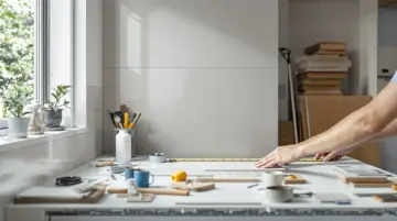 Ręce mierzą płytkę na blacie roboczym, przygotowując się do remontu łazienki. Narzędzia i materiały sugerują, że to początek prac.