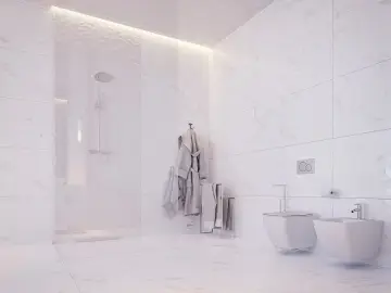 Nowoczesna łazienka z prysznicem i bidetem. Duże płytki 120x60 ułożone pionowo, tworzą elegancką przestrzeń.