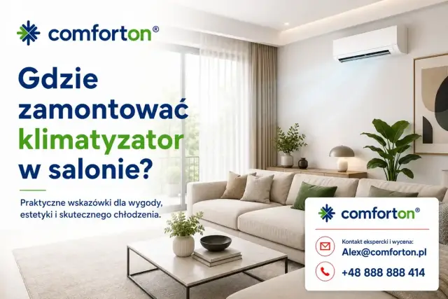 Nowoczesny salon z klimatyzatorem na ścianie. Poradnik: gdzie zamontować klimatyzator w salonie dla wygody i estetyki.