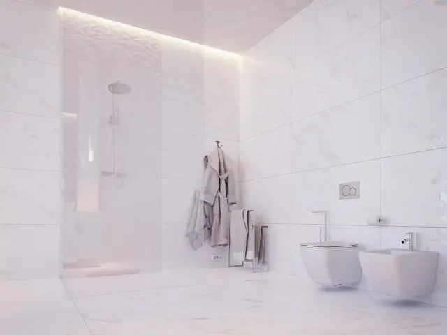 Nowoczesna łazienka z prysznicem i bidetem. Duże płytki 120x60 ułożone pionowo, tworzą elegancką przestrzeń.